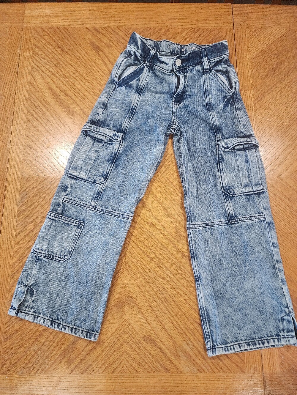 Gap Kids Girls Size 8 Low Stride Wide Leg Cargo Jeans Acid Wash Blue Utility